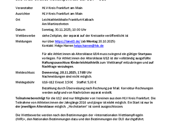 UPDATE (28.11.) - 32. Kreis-Hallensportfest am 30.11.2025 U12-U16