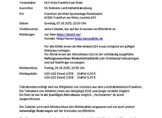 Ausschreibung Kreis-Einzelmeisterschaften der Jugend U20 - U14 und Kinder U12 am 7.9.2025